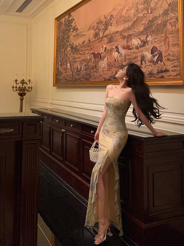 Pretty Sheath Strapless Floral Slit Long Prom Dresses Birthday Outfits SD592