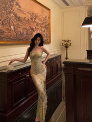 Pretty Sheath Strapless Floral Slit Long Prom Dresses Birthday Outfits SD592