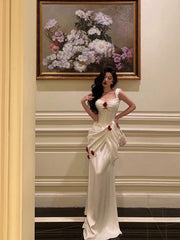 Sexy Mermaid Straps White Long Satin Prom Dresses Birthday Outfits SD594