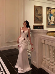 Sexy Mermaid Straps White Long Satin Prom Dresses Birthday Outfits SD594