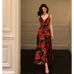 Sexy A Line Straps Sleeveless Red Floral Ruffle Chiffon Prom Dresses Birthday Outfits SD614