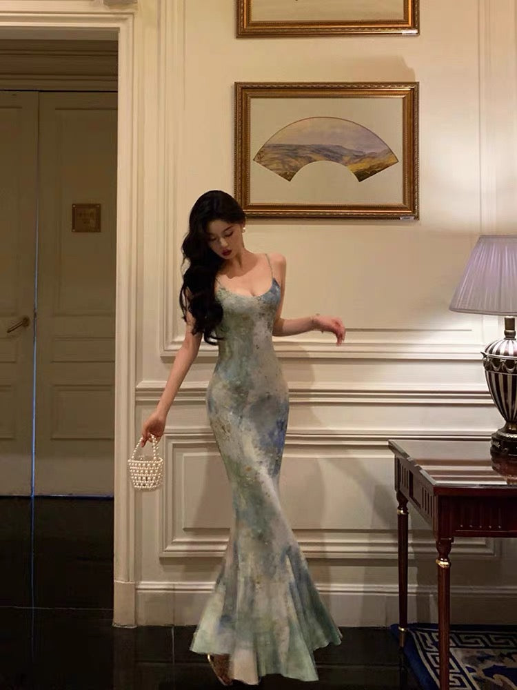 Sexy Sheath Spaghetti Straps Oil Painting Long Prom Dresses Birthday Outfits SD617