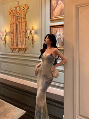 Sexy Sheath Spaghetti Straps Oil Painting Long Prom Dresses Birthday Outfits SD617