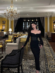 Gorgeous Mermaid Off The Shoulder Long Sleeves Date Night Dress Black Prom Dresses Birthday Outfits SD652