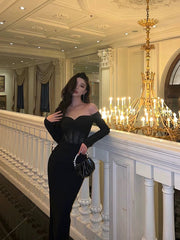 Gorgeous Mermaid Off The Shoulder Long Sleeves Date Night Dress Black Prom Dresses Birthday Outfits SD652