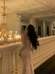 Gorgeous Sheath Square Neckline Long Sleeves Date Night Dress White Lace Prom Dresses Birthday Outfits SD656