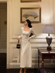 Gorgeous A line Square Neckline Long Sleeves Date Night Dress White Prom Dresses Birthday Outfits SD672