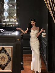 Sexy Mermaid Spaghetti Straps White Satin Slit Prom Dresses Birthday Outfits SD675