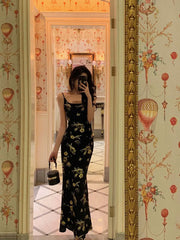 Sexy Mermaid Spaghetti Straps Floral Black Prom Dresses Ankle Length Birthday Outfits SD687