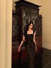 Classy Mermaid Square Neckline Sleeveless Black Lace Prom Dresses Birthday Outfits SD691