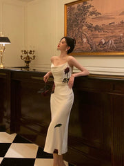 Gorgeous Mermaid Spaghetti Straps White Floral Date Night Dress Prom Dresses Birthday Outfit SD725