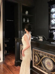 French Mermaid Jewel Sleeveless White Satin Prom Dresses Birthday Outfits SD738