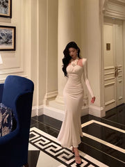 Stunning Sheath Halter Long Sleeves White Date Night Dress Ruffles Prom Dresses Birthday Outfit SD773