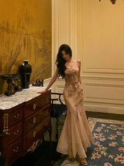Stunning Mermaid Spaghetti Straps Champagne Floral Date Night Dress Prom Dresses Birthday Outfit SD801