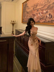 Stunning Mermaid Spaghetti Straps Champagne Floral Date Night Dress Prom Dresses Birthday Outfit SD801