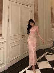 Stunning Sheath Spaghetti Straps Pink Floral Date Night Dress Prom Dresses Birthday Outfit SD802