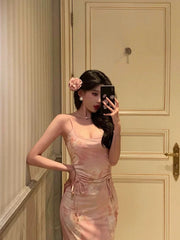 Stunning Sheath Spaghetti Straps Pink Floral Date Night Dress Prom Dresses Birthday Outfit SD802