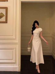 Pretty A Line Scoop Pleated White Prom Dresses Birthday Outfits Evening Gown SD807