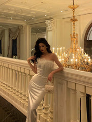 Stunning Sheath Strapless White Feather Date Night Dress Prom Dresses Birthday Outfit SD808