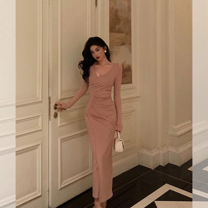 Pretty Sheath V Neckline Long Sleeves Pink Prom Dresses Birthday Outfits Evening Gown SD811