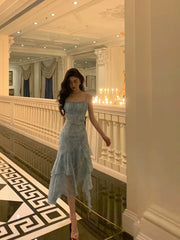 Stunning Sheath Spaghetti Straps Blue Chiffon Ruffles Date Night Dress Prom Dresses Birthday Outfit SD812