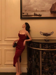 Classy Sheath Spaghetti Straps Red Slit Prom Dresses Birthday Outfits SD851