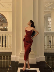 Classy Sheath Spaghetti Straps Red Slit Prom Dresses Birthday Outfits SD851