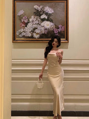 Classy Sheath Spaghetti Straps Satin Flowers Prom Dresses Birthday Outfits SD861