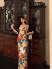 Classy Sheath Spaghetti Straps Satin Floral Prom Dresses Birthday Outfits Evening Gown SD862