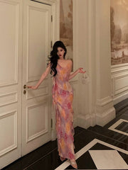 Classy A Line Spaghetti Straps Pink Chiffon Floral Prom Dresses Birthday Outfits Evening Gown SD867