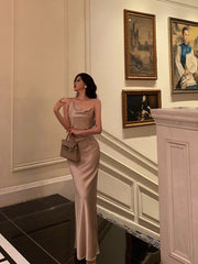 Classy Sheath Straps Satin Champagne Prom Dresses Birthday Outfits Evening Gown SD869