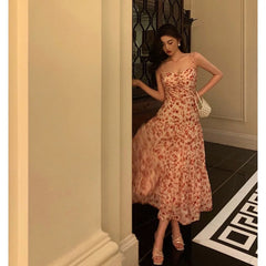 Pretty A Line Spaghetti Straps Chiffon Floral Sleeveless Date Night Dress Prom Dresses Birthday Party Outfit SD884