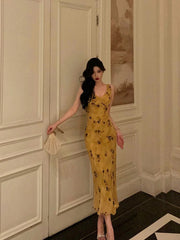Pretty Sheath V Neckline Yellow Floral Date Night Dress Prom Dresses Birthday Party Outfit SD890