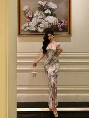 Classy Mermaid Square Neckline Ruffles Long Chiffon Slit Prom Dresses Birthday Outfits Evening Gown SD900