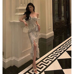 Classy Sheath Spaghetti Straps Chiffon Floral Prom Dresses Birthday Outfits Evening Gown SD912