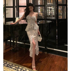 Classy Sheath Spaghetti Straps Chiffon Floral Prom Dresses Birthday Outfits Evening Gown SD912