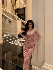 Sexy Sheath Straps Pink Floral Prom Dresses Long Birthday Outfits Evening Gown SD928