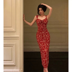Elegant Sheath Spaghetti Straps Red Floral Prom Dresses Birthday Outfits Evening Gown SD940