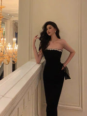 Elegant Sheath Strapless Black Prom Dresses Beads Birthday Outfits Evening Gown SD962