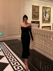 Elegant Mermaid Off The Shoulder Long Sleeves Black Prom Dresses Birthday Outfits Evening Gown SD963