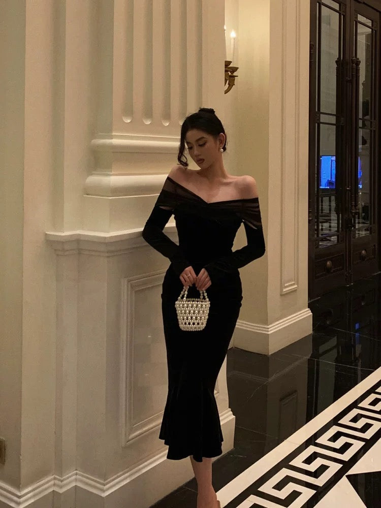 Elegant Mermaid Off The Shoulder Long Sleeves Black Prom Dresses Birthday Outfits Evening Gown SD963