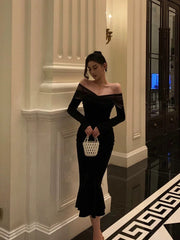 Elegant Mermaid Off The Shoulder Long Sleeves Black Prom Dresses Birthday Outfits Evening Gown SD963