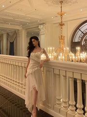 Sexy High Low Spaghetti Straps White Chiffon Ruffles Prom Dresses Birthday Outfits Evening Gown SD977