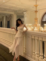 Sexy High Low Spaghetti Straps White Chiffon Ruffles Prom Dresses Birthday Outfits Evening Gown SD977