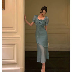 Elegant Mermaid Square Neckline Short Sleeves Blue Chiffon Prom Dresses Birthday Outfits Evening Gown SD993