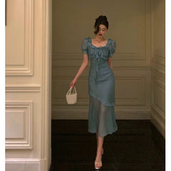 Elegant Mermaid Square Neckline Short Sleeves Blue Chiffon Prom Dresses Birthday Outfits Evening Gown SD993