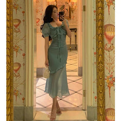 Elegant Mermaid Square Neckline Short Sleeves Blue Chiffon Prom Dresses Birthday Outfits Evening Gown SD993