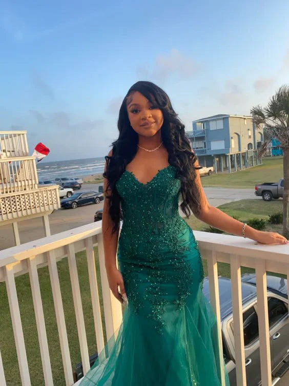 Aimishang Emerald Formal Women's Dresses Green Mermaid Tulle Prom Dress Lace Evening Gown