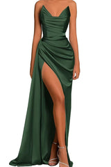 34122 - Off-Shoulder Sleeveless Pleats Satin Prom Formal Evening Dress Long Bridesmaid Dress