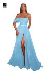 34918 - Stunning A-Line High Slit Belt Chiffon Prom Evening Formal Dress